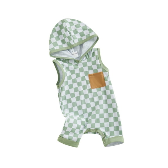 Bslissey Baby Boys Jumpsuit Shorts Infant Boy Sleeveless Checkerboard Hooded Pocket Rompers Newborn Casual Summer Clothes Bodysuit 3M 6M 12M 18M