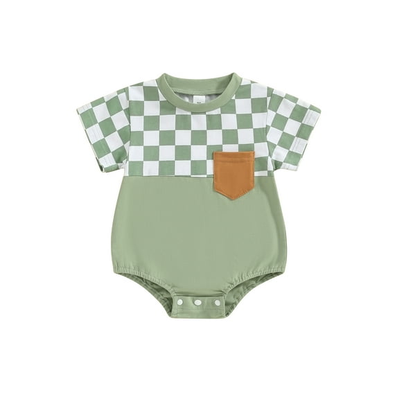 Bslissey Baby Boys Short Sleeve Romper Checkerboard Print Crew Neck Jumpsuit Newborn Infant Summer T-shirt Bodysuit for Casual Daily 3M 6M 12M 18M