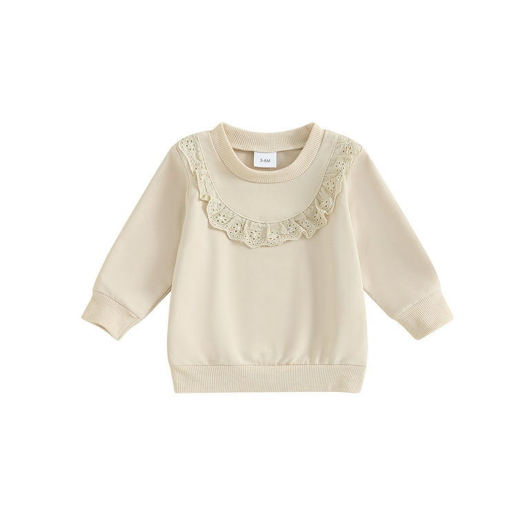 Bslissey Baby Girl Casual Sweatshirt Solid Color Long Sleeve Lace Patchwork Crew Neck Hoodie Infant Loose Pullover Tops Daily Clothes 3M 6M 9M 12M 18M