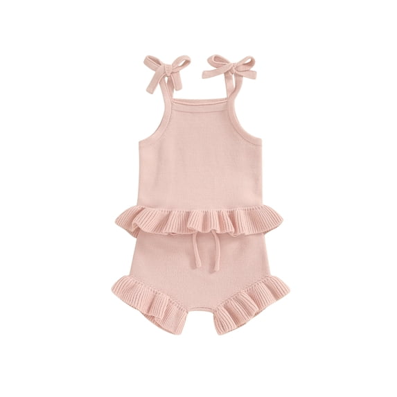 Bslissey Baby Girls 2Pcs Knit Outfits Solid Color Sleeveless Cami Tops with Drawstring Elastic Ruffle Shorts 3M 6M 12M 18M Infant Toddler Casual Short Pants Sets
