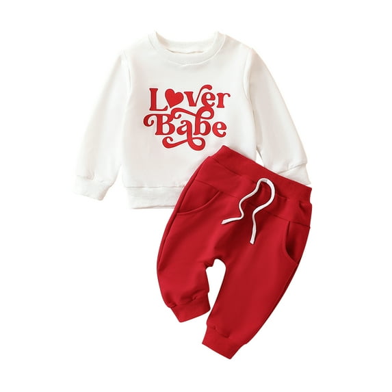 Bslissey Baby Girls 2Pcs Valentine's Day Outfits Long Sleeve Letter Print Sweatshirt + Elastic Waist Pants 3M 6M 9M 12M 18M 24M Infant Toddler Casual Daily Clothes