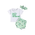 thumbnail image 1 of Bslissey Baby Girls 3Pcs Festival Outfits Short Sleeve Letter Print T-shirt + Shamrock Pattern Shorts + Headband 6M 12M 18M 24M Infant Toddler Casual Daily Clothes, 1 of 9