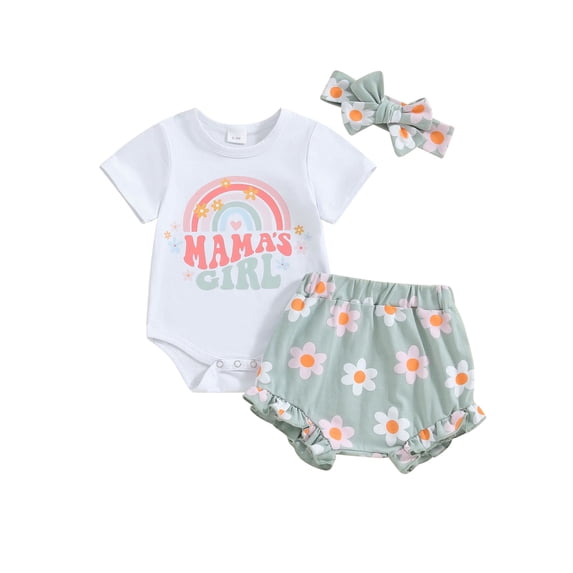 Bslissey Baby Girls 3Pcs Summer Outfits Short Sleeve Letter Rainbow Print Romper + Flower Print Shorts + Headband 3M 6M 12M 18M Infant Cute Casual Shorts Set