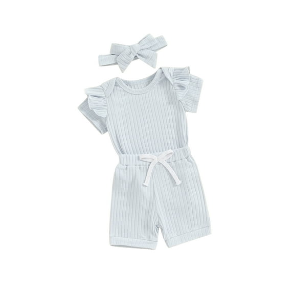 Bslissey Baby Girls 3Pcs Summer Outfits Short Sleeve Ruffled Romper + Elastic Waist Shorts + Bow Headband 0-18M Newborn Infant Solid Color Shorts Sets