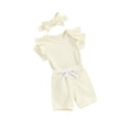 thumbnail image 1 of Bslissey Baby Girls 3Pcs Summer Outfits Short Sleeve Ruffled Romper + Elastic Waist Shorts + Bow Headband 0-18M Newborn Infant Solid Color Shorts Sets, 1 of 9