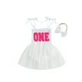 thumbnail image 1 of Bslissey Baby Girls Birthday Romper Dress Tie Spaghetti Strap Letter Embroidery Tulle Hem Jumpsuit Infant Cute Summer Sleeveless A-line Dress with Headband 6M 12M 18M, 1 of 8