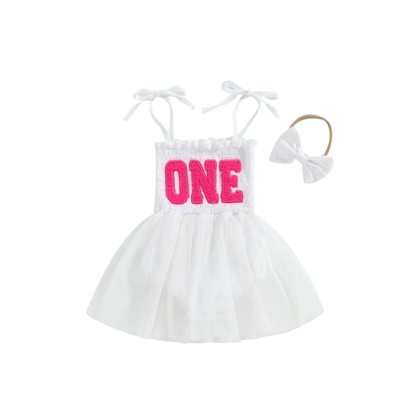 Bslissey Baby Girls Birthday Romper Dress Tie Spaghetti Strap Letter Embroidery Tulle Hem Jumpsuit Infant Cute Summer Sleeveless A-line Dress with Headband 6M 12M 18M