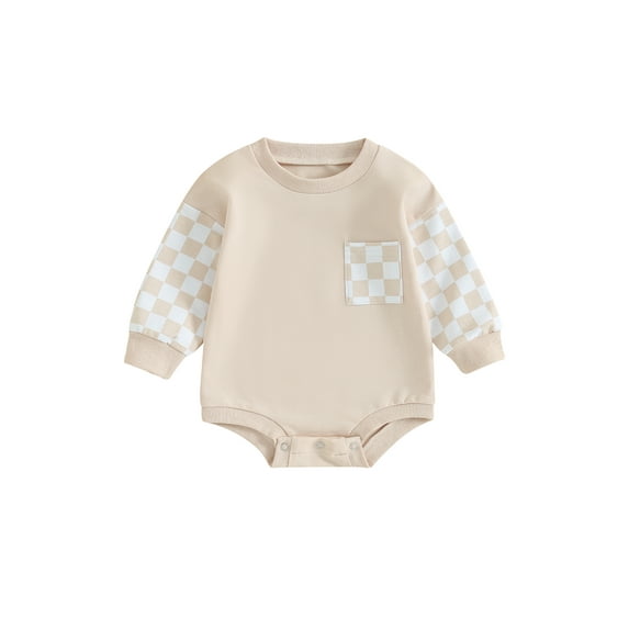 Bslissey Baby Girls Boys Sweatshirt Romper Plaid Print Long Sleeve Contrast Color Bodysuit with Pocket Newborn Infant Casual Daily Clothes 0-18 Months