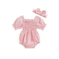 thumbnail image 1 of Bslissey Baby Girls Bubble Romper Short Sleeve Plaid Print Square Neck Smocked Bodysuit with Headband 3M 6M 9M 12M 18M Newborn Infant Cute Clothes for Casual Daily, 1 of 8