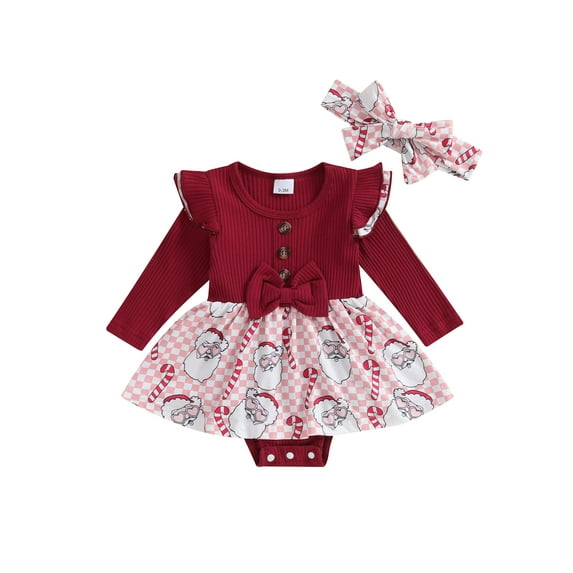 Bslissey Baby Girls Christmas Romper Dress Long Sleeve Santa Print Bowknot Front Skirt Hem Jumpsuit with Headband Newborn Infant Sweet Clothes 0-18 Months
