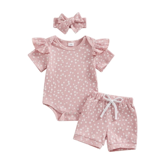 Bslissey Baby Girls Cute Shorts Sets Floral Print Short Sleeve Romper Tops + Drawstring Shorts + Bow Headband 3Pcs Outfits Infant Casual Daily Summer Clothes 0-18M