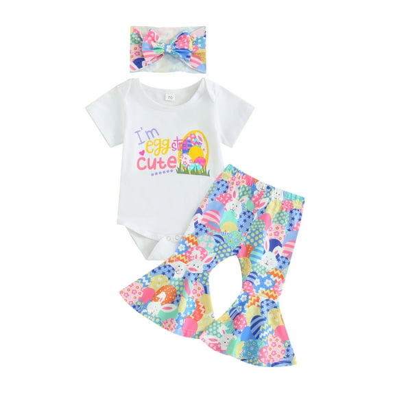 Bslissey Baby Girls Easter 2Pcs Outfits Short Sleeve Letter Print Romper + Egg Print Flare Pants + Headband 3M 6M 12M 18M 24M Infant Toddler Casual Summer Pants Sets