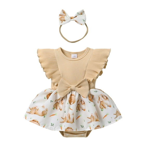 Bslissey Baby Girls Easter Fly Sleeve Romper Dress Crew Neck Bunny Print Hem Patchwork Bodysuit with Bow Headband 3M 6M 9M 12M 18M Newborn Infant Cute Summer Clothes