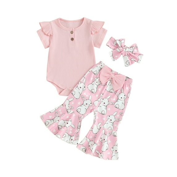 Bslissey Baby Girls Easter Long Pants Sets Short Sleeve Ribbed Romper + Bunny Print Flare Pants + Bow Headband 3M 6M 12M 18M Infant Toddler Cute Summer 3Pcs Outfits