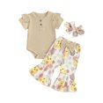 thumbnail image 1 of Bslissey Baby Girls Easter Long Pants Sets Short Sleeve Ribbed Romper + Bunny Print Flare Pants + Bow Headband 3M 6M 12M 18M Infant Toddler Cute Summer 3Pcs Outfits, 1 of 9
