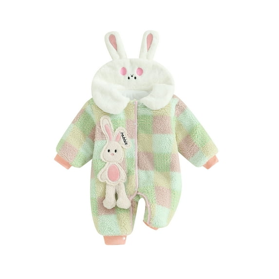Bslissey Baby Girls Easter Plush Hooded Jumpsuit Rabbit Embroidery Long Sleeve Button Fleece Plaid Rompers Infant Cute Hood Playsuit Daily Clothes 3M 6M 9M 12M 18M