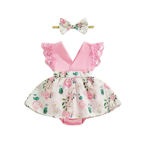 Bslissey Baby Girls Easter Romper Dress Lace Trim Fly Sleeve V-neck Floral Bunny Print Hem Jumpsuit with Headband Newborn Infant Summer A-line Bodysuit Dress 0-18M