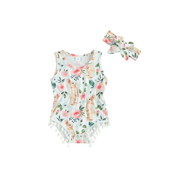 Bslissey Baby Girls Easter Romper Sleeveless Floral Bunny Print Bobbles Jumpsuit Newborn Infant Elastic Waist Crew Neck Bodysuit with Bow Headband 3M 6M 12M 18M