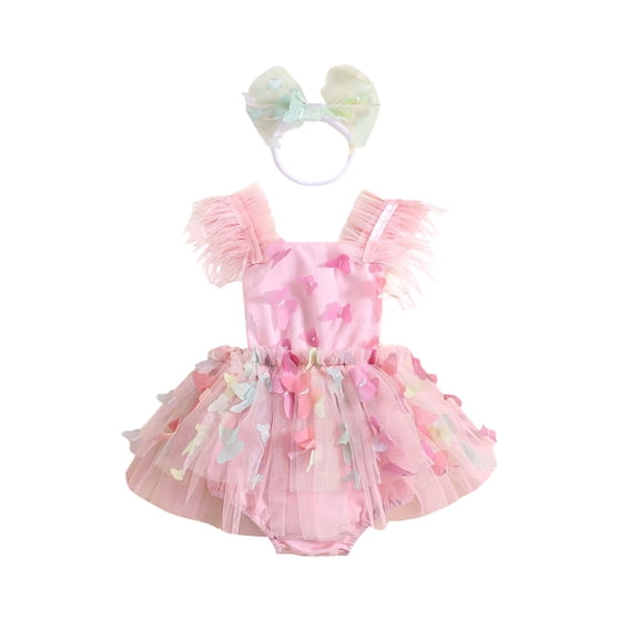 Bslissey Baby Girls Feather Fly Sleeve Romper Dress 3D Butterfly Mesh Tulle Skirt Hem Bodysuit with Headband Newborn Infant Summer A-line Princess Dress 0-24 Months