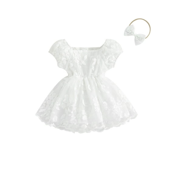 Bslissey Baby Girls Flower Embroidered Romper Dress 3M 6M 12M 18M Short Puff Sleeve Layered Tulle Skirt Hem Jumpsuit with Headband Newborn Infant Sweet Bodysuit