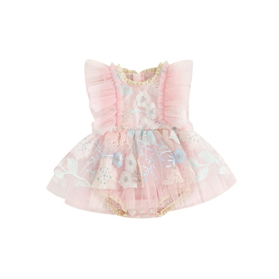 Bslissey Baby Girls Fly Sleeve Romper Dress 0-24M Embroidery Flower Tulle Patchwork Jumpsuit Newborn Infant Casual Crew Neck A-line Bodysuit Summer Princess Clothes