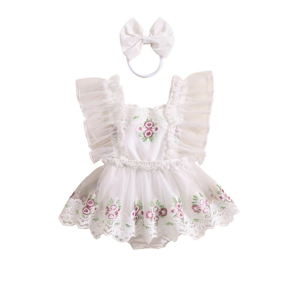 Bslissey Baby Girls Fly Sleeve Romper Dress Flower Embroidery Lace Trim Jumpsuit with Bow Headband 3M 6M 12M 18M Newborn Infant Sweet Summer A-line Bodysuit Dress