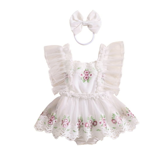 Bslissey Baby Girls Fly Sleeve Romper Dress Flower Embroidery Lace Trim Jumpsuit with Bow Headband 3M 6M 12M 18M Newborn Infant Sweet Summer A-line Bodysuit Dress