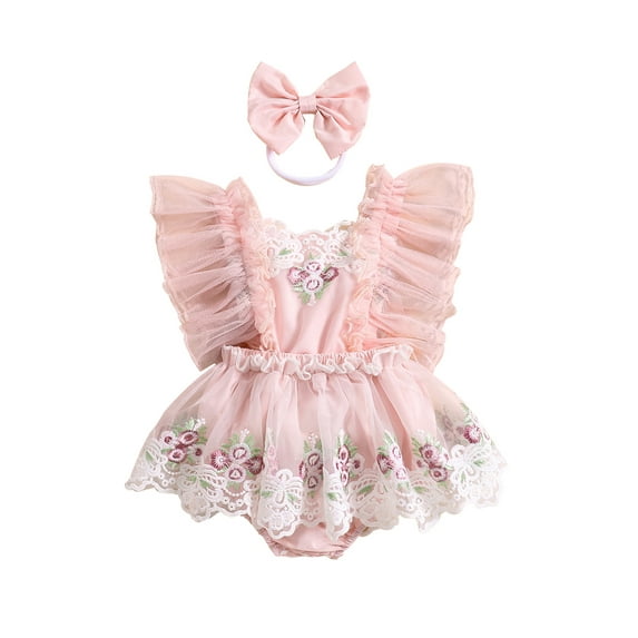 Bslissey Baby Girls Fly Sleeve Romper Dress Flower Embroidery Lace Trim Jumpsuit with Bow Headband 3M 6M 12M 18M Newborn Infant Sweet Summer A-line Bodysuit Dress