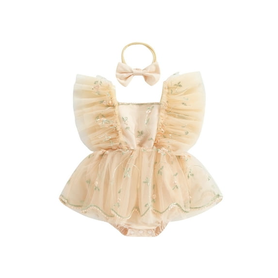 Bslissey Baby Girls Fly Sleeve Romper Dress Lace Floral Embroidery Tulle Skirt Hem Jumpuit Infant Cute Summer A-line Bodysuit Dress with Bow Headband 6M 12M 18M 24M