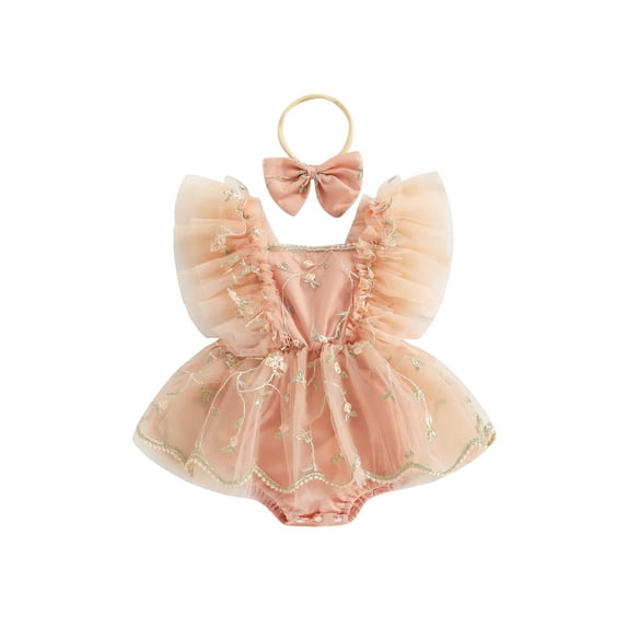 Bslissey Baby Girls Fly Sleeve Romper Dress Lace Floral Embroidery Tulle Skirt Hem Jumpuit Infant Cute Summer A-line Bodysuit Dress with Bow Headband 6M 12M 18M 24M