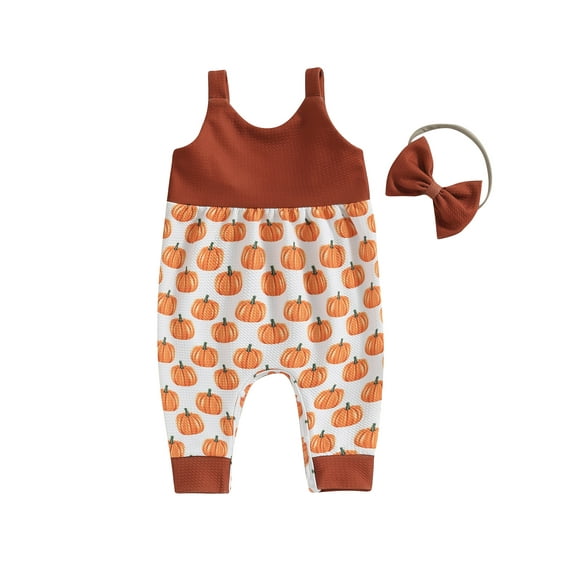 Bslissey Baby Girls Halloween Romper Overalls Sleeveless Pumpkin Print Footless Jumpsuit with Headband Newborn Infant Cute Outfits for Casual Daily 0-18 Months