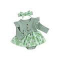 thumbnail image 1 of Bslissey Baby Girls Holiday Romper Dress 3M 6M 9M 12M 18M Ruffle Long Sleeve Crew Neck Clover Print Hem Bodysuit with Bow Headband Set Infant Cute Daily Clothes, 1 of 9
