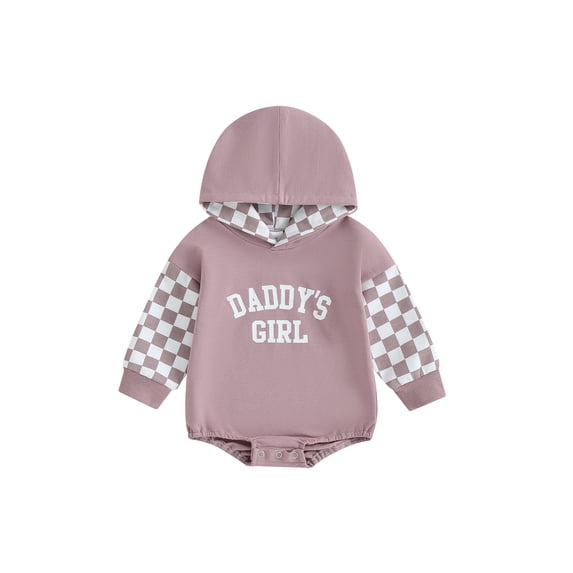 Bslissey Baby Girls Hooded Romper 3M 6M 12M 18M Long Sleeve Letter Print Checkerboard Patchwork Hoodies Bodysuit Newborn Infant Spring Fall Casual Daily Clothes