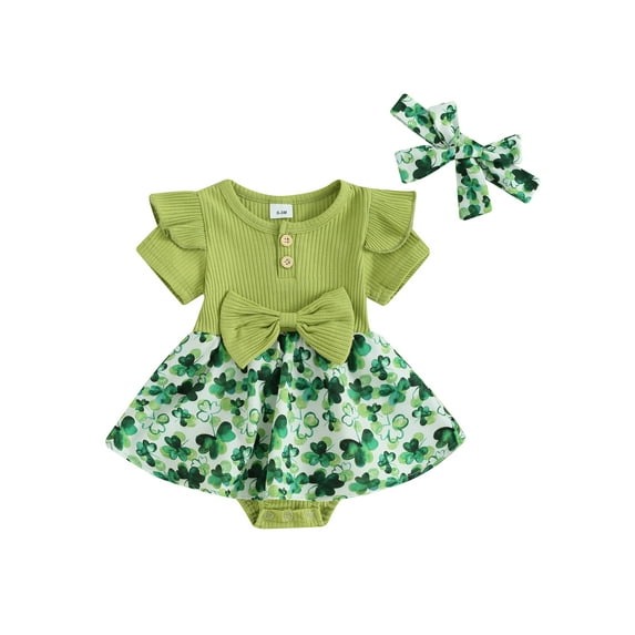 Bslissey Baby Girls Ireland Day Romper Dress 3M 6M 9M 12M 18M Shamrock Print Hem Patchwork Short Sleeve Jumpsuit with Bow Headband Newborn Infant Cute A-line Dress