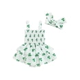 thumbnail image 1 of Bslissey Baby Girls Irish Romper Dress Clover Print Sleeveless Ruched Layered Skirt Hem Jumpsuit with Bow Headband 3M 6M 12M 18M Infant Toddler Cute Summer A-line Dress, 1 of 9