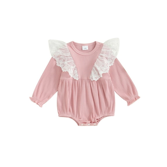 Bslissey Baby Girls Lace Trim Bubble Romper Long Sleeve Crew Neck Ribbed Jumpsuit Newborn Infant Sweet Bodysuit Casual Daily Clothes 3M 6M 12M 18M