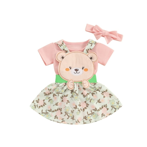 Bslissey Baby Girls Overalls Dress Sets Solid Color Cap Sleeve Romper + Bear Embroidery Floral Print Overall Dress + Headband 0-18M Infant Spring Cute 3Pcs Outfits