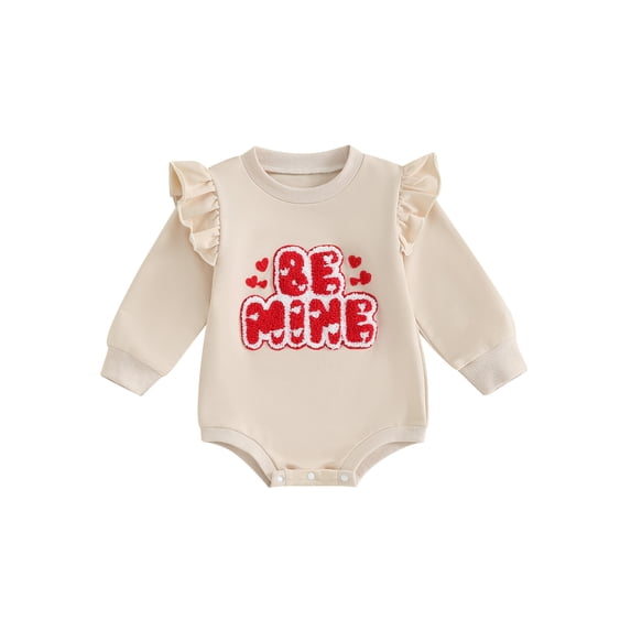 Bslissey Baby Girls Ruffle Romper Long Sleeve Fuzzy Letter Embroidery Crew Neck Bodysuit Newborn Infant Spring Fall Casual Daily Clothes 3M 6M 12M 18M