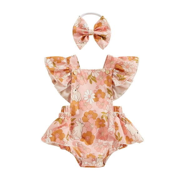 Bslissey Baby Girls Ruffle Sleeve Romper Dress Bunny Floral Print Square Neck Jumpsuit Infant Toddler Cute Summer Clothes Bodysuit with Bow Headband 6M 12M 18M 24M