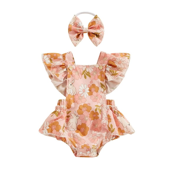 Bslissey Baby Girls Ruffle Sleeve Romper Dress Bunny Floral Print Square Neck Jumpsuit Infant Toddler Cute Summer Clothes Bodysuit with Bow Headband 6M 12M 18M 24M