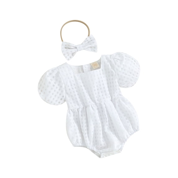 Bslissey Baby Girls Short Puff Sleeve Romper Solid Color Mesh Plaid Square Neck Bodysuit with Bow Headband Newborn Infant Cute Clothes for Casual Daily 3M 6M 12M 18M