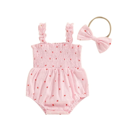Bslissey Baby Girls Sleeveless Bubble Romper Strawberry Print Ruched Suspender Jumpsuit Newborn Infant Cute Summer Fashion Bodysuit with Bow Headband 3M 6M 12M 18M