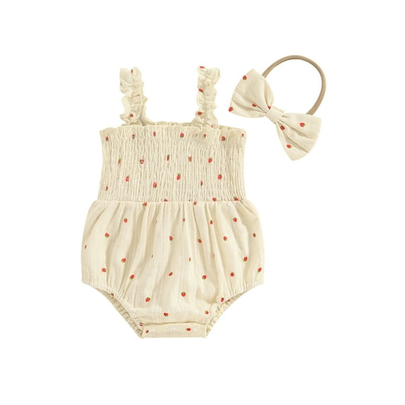 Bslissey Baby Girls Sleeveless Bubble Romper Strawberry Print Ruched Suspender Jumpsuit Newborn Infant Cute Summer Fashion Bodysuit with Bow Headband 3M 6M 12M 18M