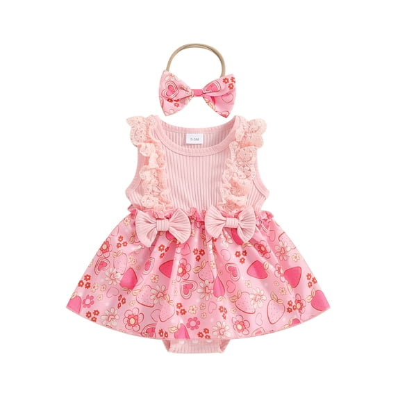 Bslissey Baby Girls Sleeveless Romper Dress Infant Lace Patchwork Cute Flower Strawberry Print Jumpsuit with Headband Newborn Summer Casual A-line Dress 0-18 Months
