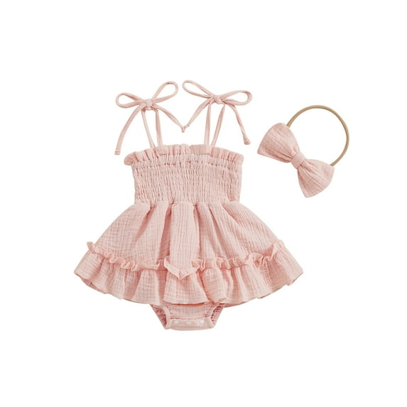 Bslissey Baby Girls Sleeveless Romper Dress Solid Color Adjustable Shoulder Strap Ruffle Bodysuit Infant Cute Summer Ruched A-line Dress with Headband 3M 6M 12M 18M