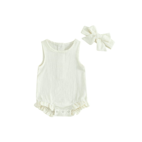 Bslissey Baby Girls Sleeveless Romper Solid Color Crew Neck Ruffles Bodysuit with Bow Headband 3M 6M 12M 18M Newborn Infant Casual Summer Outfits