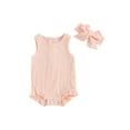 thumbnail image 1 of Bslissey Baby Girls Sleeveless Romper Solid Color Crew Neck Ruffles Bodysuit with Bow Headband 3M 6M 12M 18M Newborn Infant Casual Summer Outfits, 1 of 9