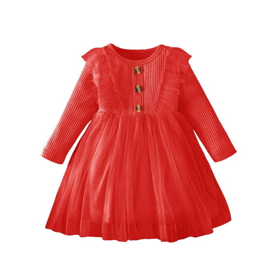 Bslissey Baby Girls Solid Color A-line Dress 3M 6M 12M 18M 24M Long Sleeve Tulle Patchwork Crew Neck Princess Dress Infant Toddler Sweet Clothes for Casual Daily