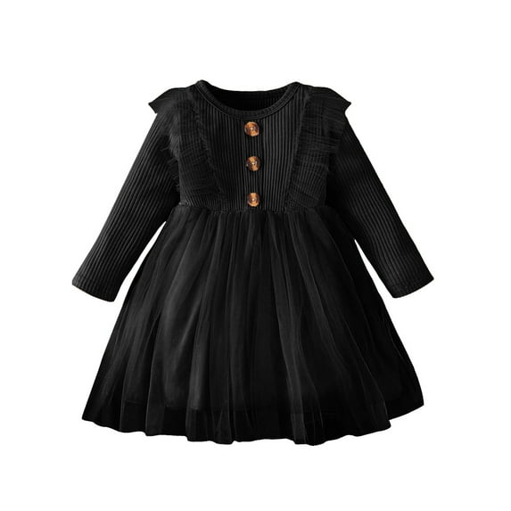 Bslissey Baby Girls Solid Color A-line Dress 3M 6M 12M 18M 24M Long Sleeve Tulle Patchwork Crew Neck Princess Dress Infant Toddler Sweet Clothes for Casual Daily