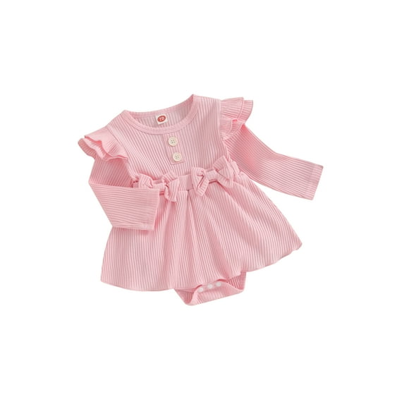 Bslissey Baby Girls Solid Color Romper Dress Ruffle Long Sleeve Crew Neck Ribbed Bodysuit with Bow Decor 6M 12M 18M 24M Infant Toddler Spring Fall Casual Clothes